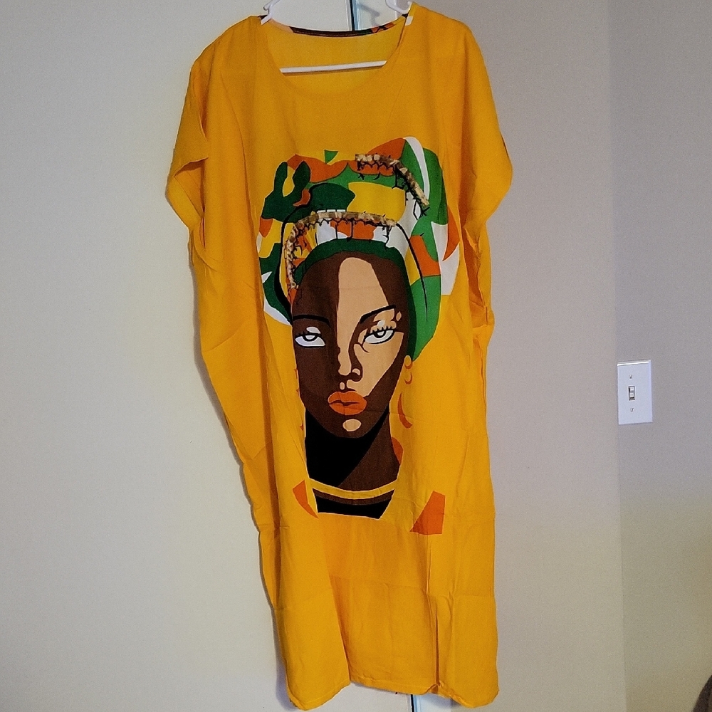 African Print Kaftan. Vibrant Yellow Graphic Dress